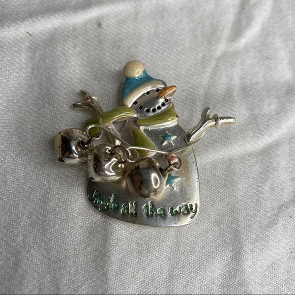 Jingle All The Way Enamel and Silver Metal Snowman Brooch With Bells Marked TC - Picture 2 of 9